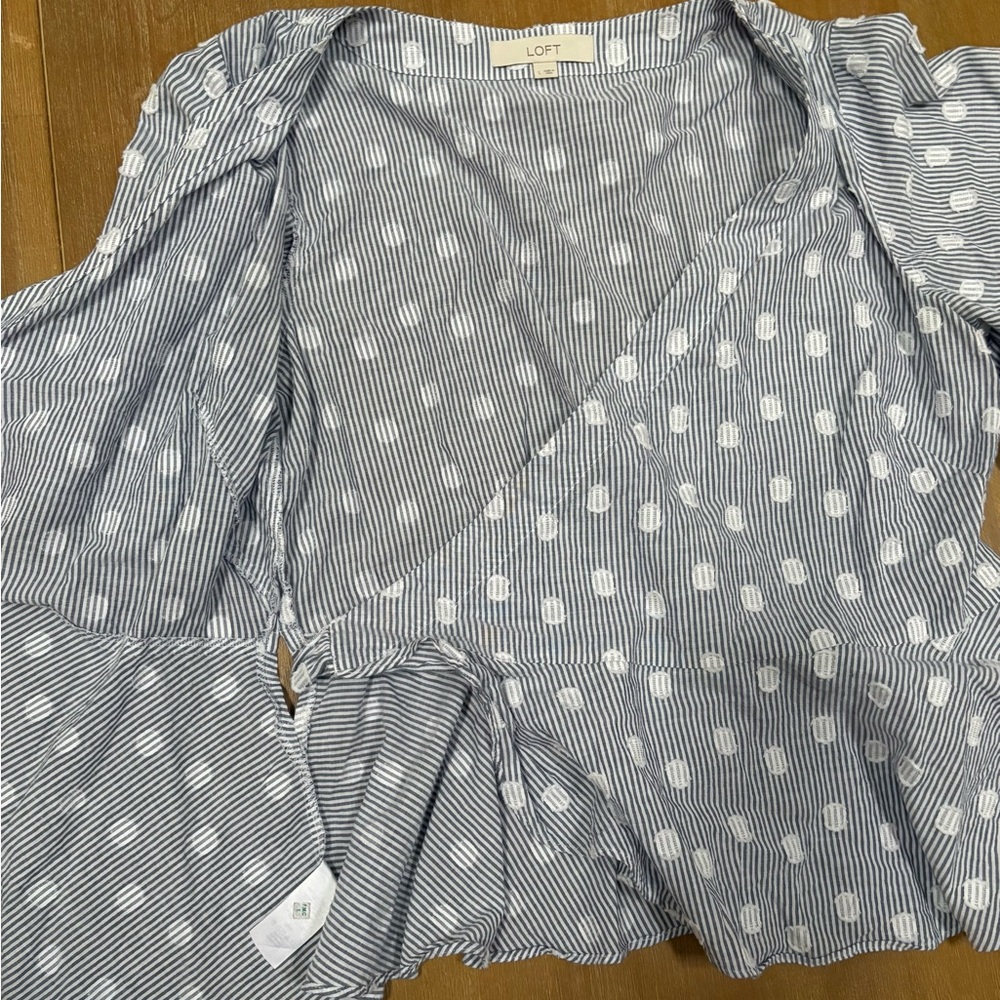 LOFT Striped Blue and White Wrap Blouse - Picture 5 of 8